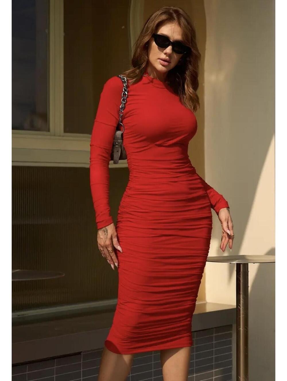 Viral OYS Long Sleeve Ruched Bodycon Mesh Midi Dress